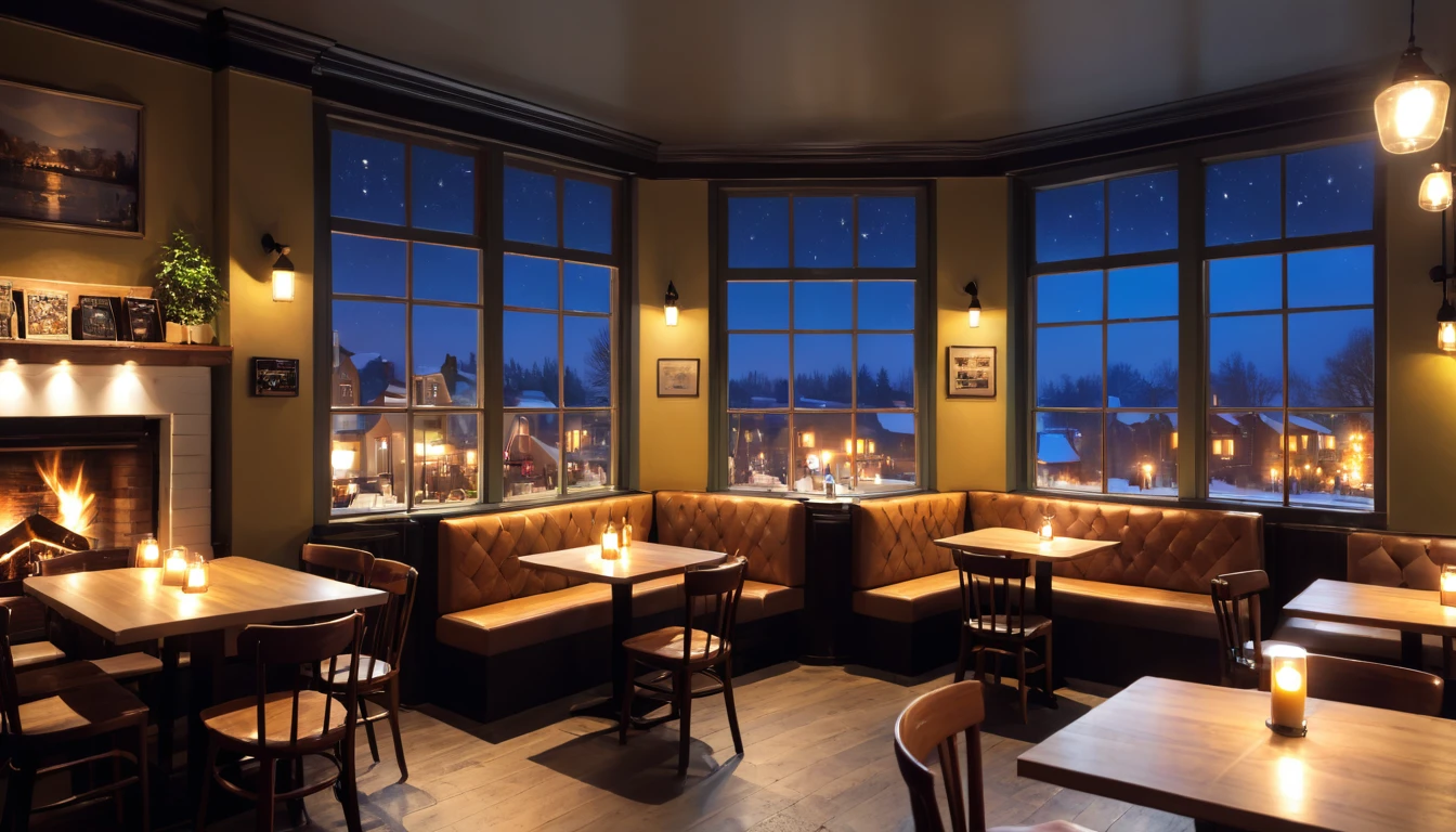 at night a cozy coffeeshop with a lot of tables, a big window in the center and a fireplace
