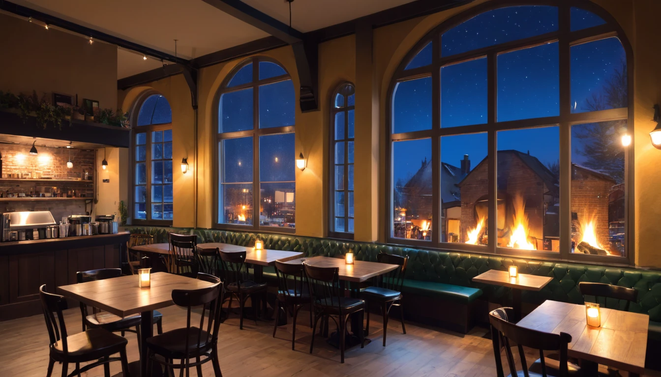 at night a cozy coffeeshop with a lot of tables, a big window in the center and a fireplace