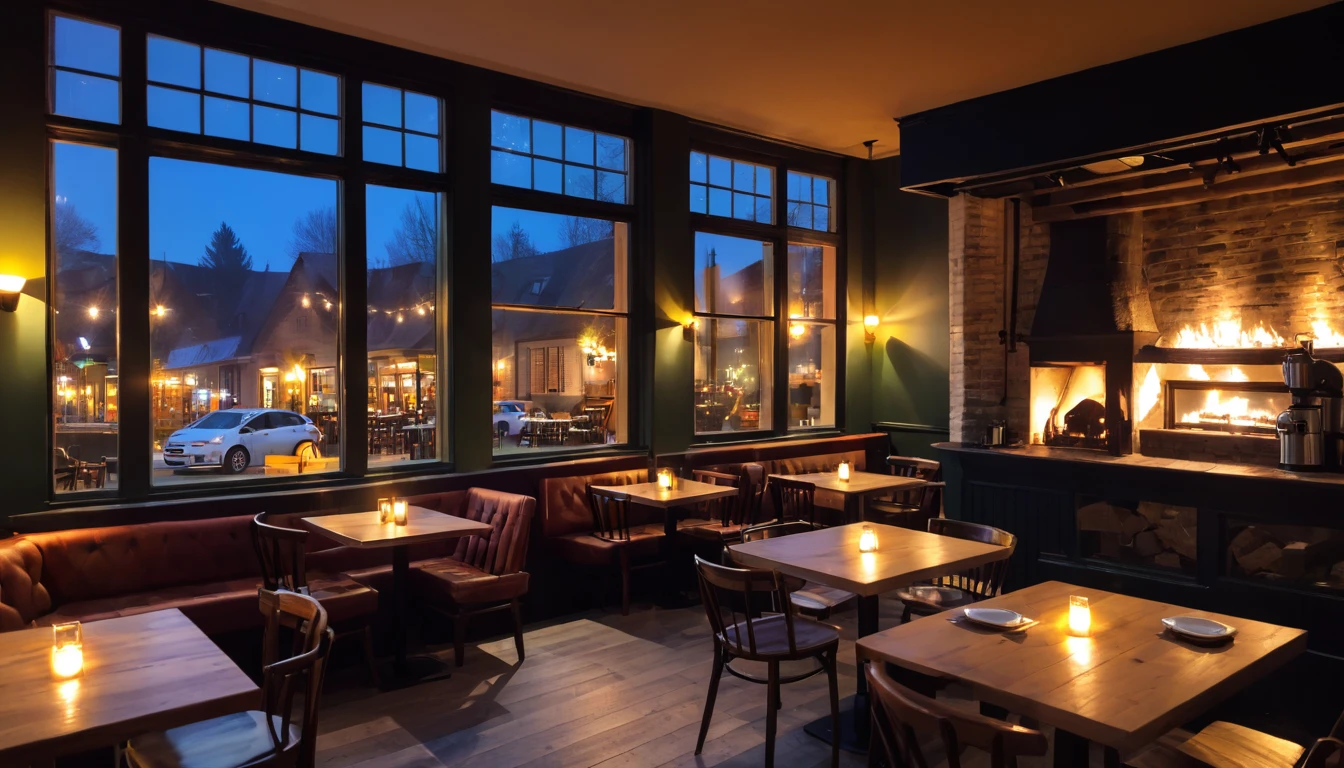 at night a cozy coffeeshop with a lot of tables, a big window in the center and a fireplace
