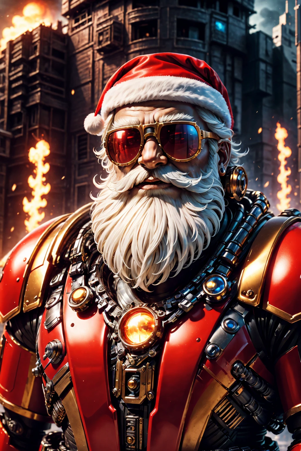 Warhammer 40K Universe,A Santa Claus,(Upper body portrait),Red and gold mechanized armor suit,Glowing Sunglasses,War-torn environment,Destroyed buildings and flames,Future Cityscape Background，A grim and dangerous atmosphere，Sci-fi cyberpunk aesthetics，High contrast and desaturated tonal lighting,(Best quality,4K,8K,high resolution,masterpiece:1.2),Extremely detailed,(Practical,photoPractical,photo-Practical:1.37).