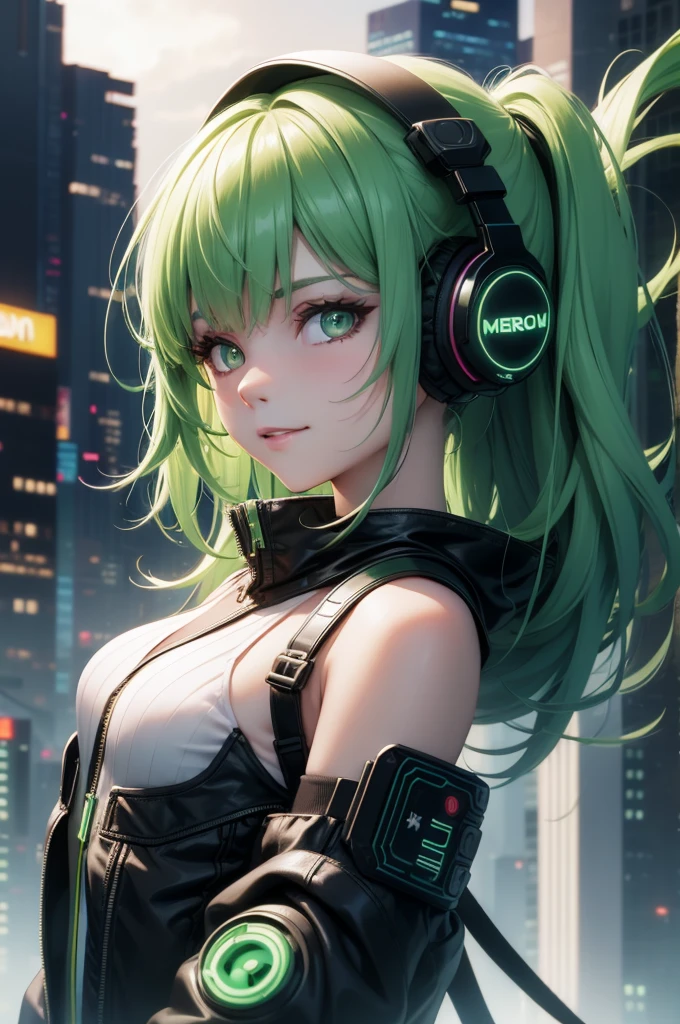 1girl, (extremely beautiful),green hair, bangs, green eyes. solo, focus, cyberpunk, neon lights, vibrant colors, headphones, Cyberpunk, neon, masterpiece, best quality, ultra-detailed, cyberpunk background, detail, in the starry night, moon, explosive and clear eyes, glowing eyes, beautiful details in the wind, little smile.