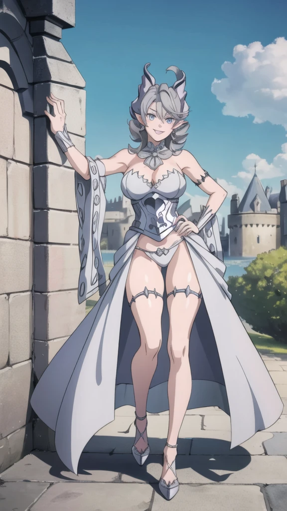  Outside castle top  High level image quality　best image quality　8K　 adult woman   silver castle outside  more colors   whole body view　portrait　 bikini   　horn    ears  　short hair（（shortcut）（gray hair）（perm）（fluffy））　eye color is blue ,  , 　attractive evil face , smile   ,  sexy pose   ,  labrynth ,  barearm    , wearing pink   , standing , , view heels   , view below