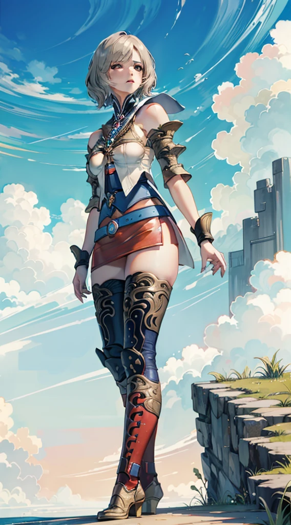 S-curve,s line,(cowboy  shot,masutepiece, of the highest quality, Best Quality, Official art, Beautiful and aesthetic:1.2), ighly detailed, Colorful,highest details,Illustrations,Everyday scenery, 1girl in, Solo, (large boob,Final Fantasy 12,Ashelia, shorth hair,short-hair ,Ashelia Costume,Red mini skirt, thighs thighs thighs thighs, Knee socks that cover up to the shin,jewely), (Blue belt,one), is standing, move chart,Medieval fantasy