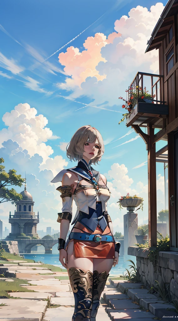 S-curve,s line,(cowboy shot,masutepiece, of the highest quality, Best Quality, Official art, Beautiful and aesthetic:1.2), ighly detailed, Colorful,highest details,Illustrations,Everyday scenery, 1girl in, Solo, (large boob,Final Fantasy 12,Ashelia, shorth hair,short-hair ,Ashelia Costume,Red mini skirt, thighs thighs thighs thighs, Knee socks that cover up to the shin,jewely), (Blue belt,one), is standing, move chart,Medieval fantasy