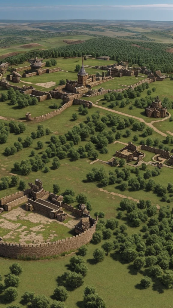 Create a medieval landscape of a kingdom seen by a warrior from a hilltop with a sword in each hand in realistic style