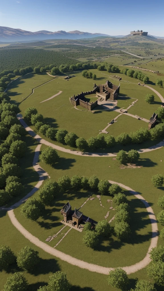 Create a medieval landscape of a kingdom seen by a warrior from a hilltop with a sword in each hand in realistic style 