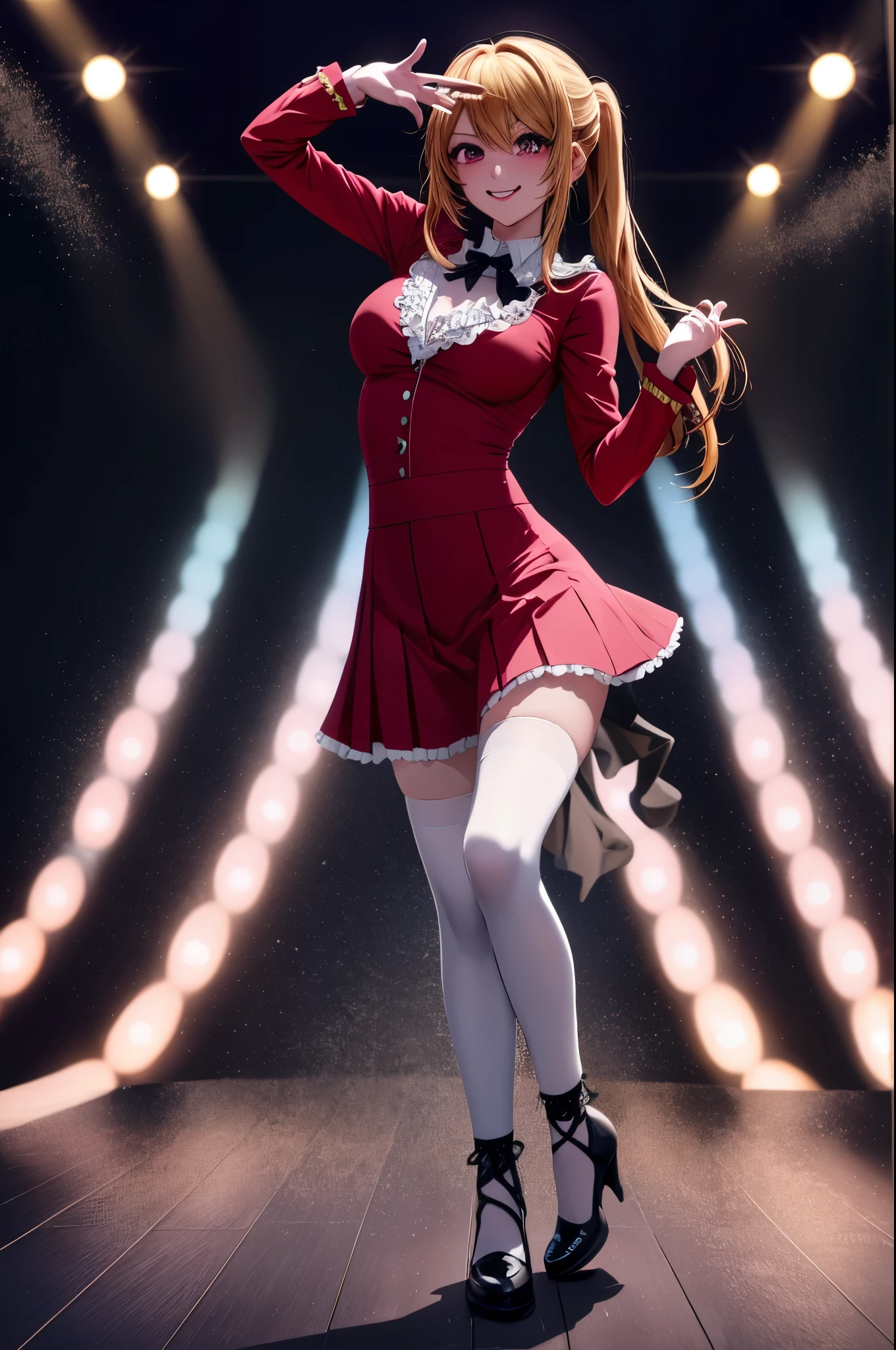 anime, beautiful face, highly detailed face, detailed perfect eyes, perfect hair, perfect lips, accurate arms, accurate hands, perfect legs accurate footware. highly detailed background, front lighting, perfect lighting, full body, 1girl, solo, ruby hoshino, ruby, oshi no ko, heels, blonde hair, thighhighs, stockings, absurdres, high res, ultrasharp, 8K, masterpiece, looking at viewer, (sexy pose:1.5), (full body:1.5), idol outfit, idol, revealing idol, skirt, cleavage, stockings, dynamic pose, full of delight, smiling full of compassion, blushed, on a stage, concert, performing on stage, blow kissing, air kiss