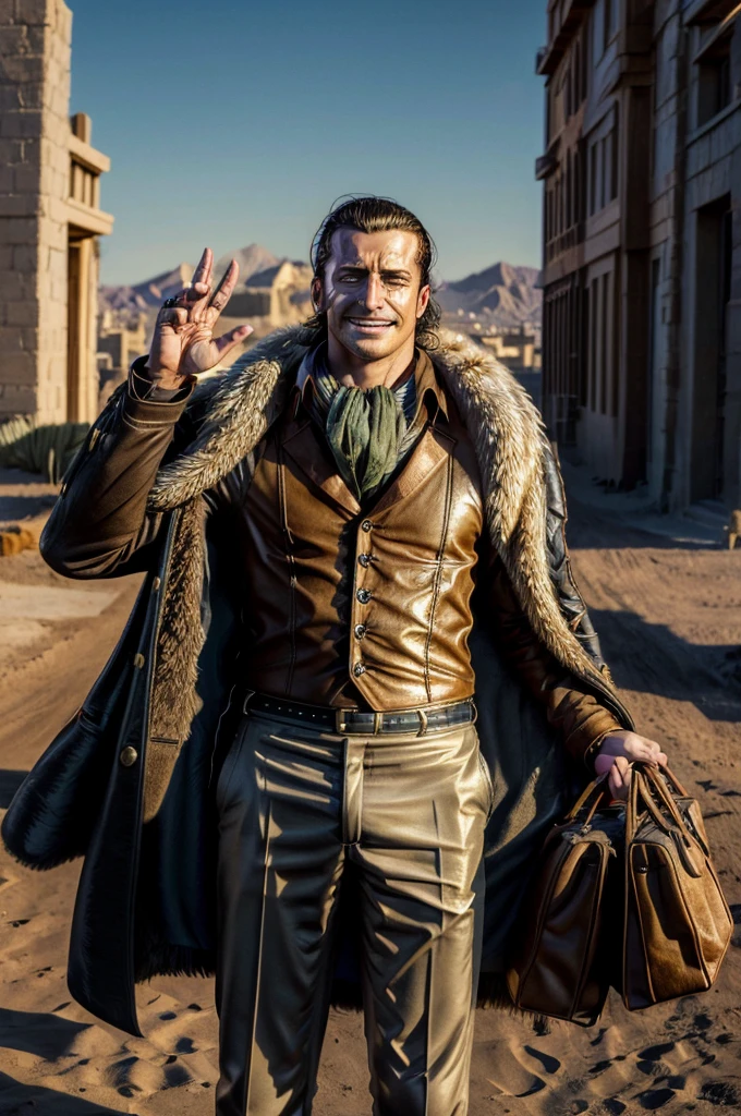 masterpiece, best quality, extremely detailed, hyperrealistic, photorealistic, a cool 40s man, ultra detailed face:1.2, fur-trimmed coat, scarf around the neck, his left hand is a golden pirate hook:1.1, desert, city, raising hand, holding bag, sly smile