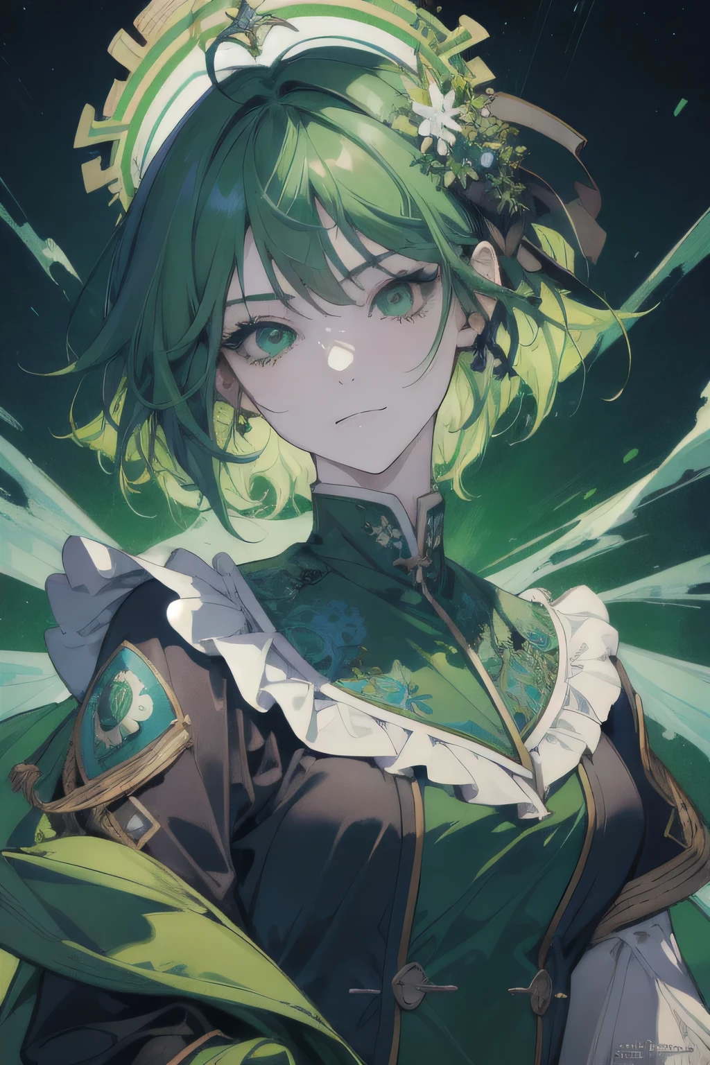 (absurdres, highres, ultra detailed), 1 female, cute, serious face, gradation hair, green hair, wolfcut hairstyle, green eyes, finely detailed eyes, fantasy, complex pattern, detailed face, throne, magic effect, best ratio, bitter cold, cold snap, smile, (dutch angle), closed mouth, dark background, green splash
