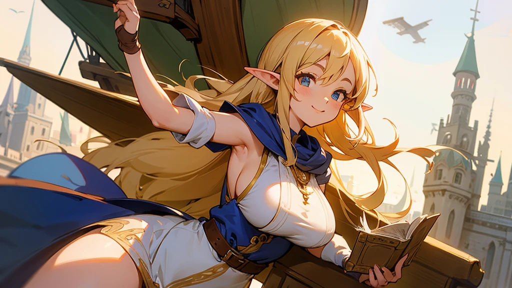 Anime Style,Nostalgic,Detailed background,The medieval world,A busy flying ship with lots of people,Smiling bard beautiful elf girl,Large Breasts,Healthy thighs,Underarm