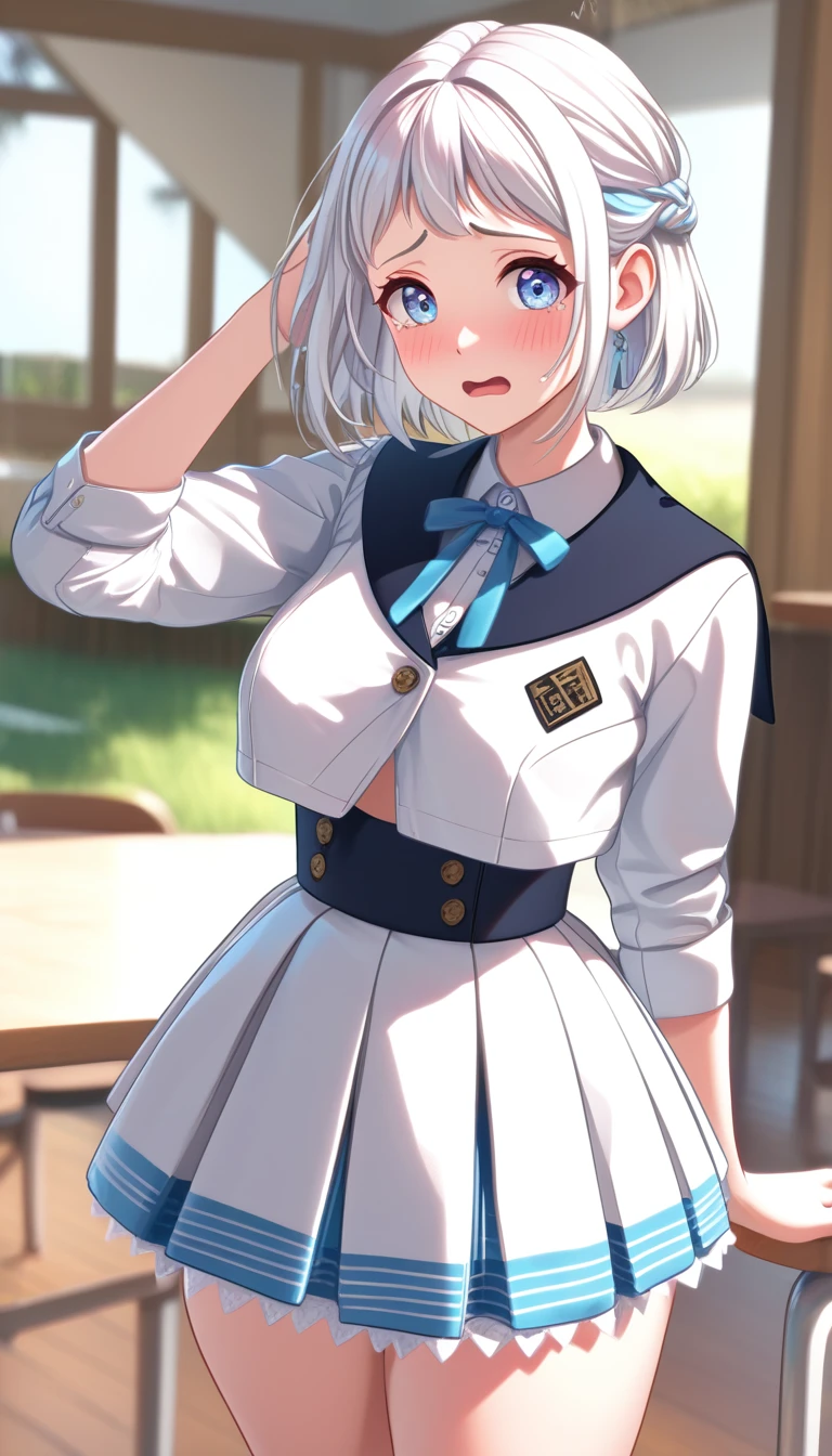 16k,8k,4K, lilja-default , katsuragi lilja,blue eyes,white hair,short hair,braid,,sailor collar,neck ribbon, white shirt,layered skirt,high-waist skirt,blush,embarrassing,big breast,thick thighs,shiny skin