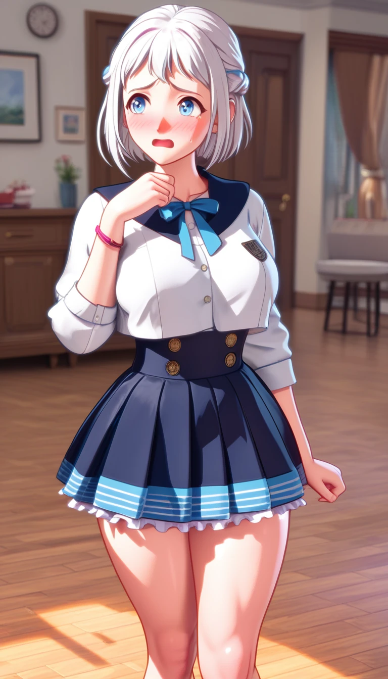 16k,8k,4K, lilja-default , katsuragi lilja,blue eyes,white hair,short hair,braid,,sailor collar,neck ribbon, white shirt,layered skirt,high-waist skirt,blush,embarrassing,big breast,thick thighs,shiny skin