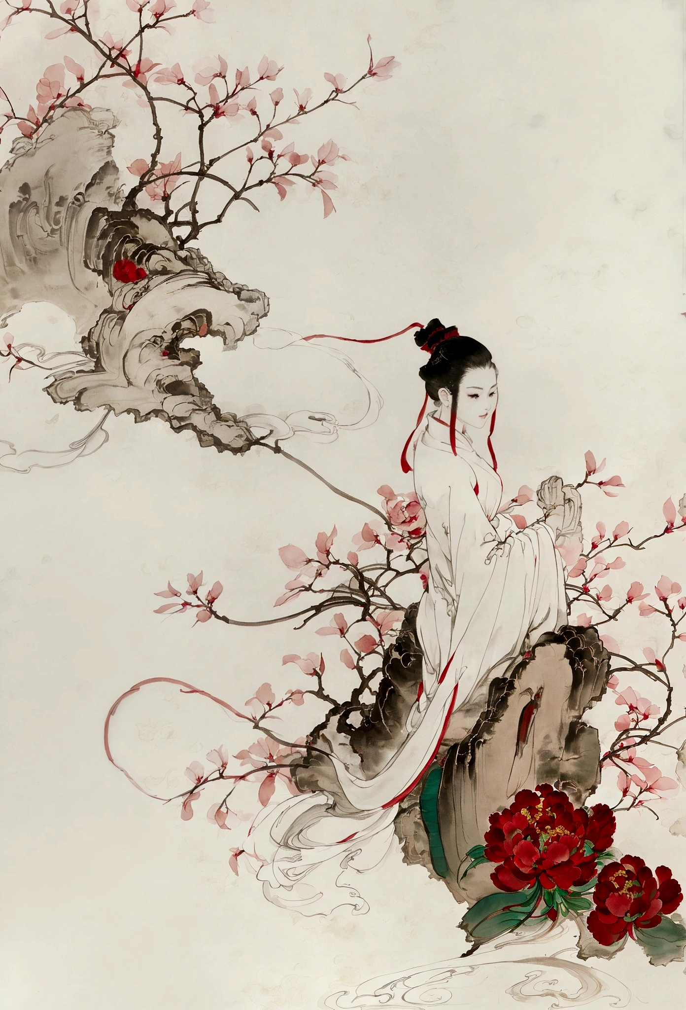 Ink and brushwork style，peony，peony，Rose，Red and green color scheme，Simple lines，gorgeous，Chinese Court，Hand Painted，HD details，White background，Painting on rice paper，HD 8k