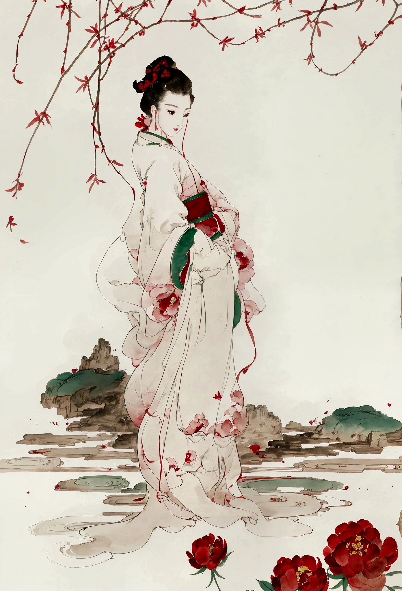 Ink and brushwork style，peony，peony，Rose，Red and green color scheme，Simple lines，gorgeous，Chinese Court，Hand Painted，HD details，White background，Painting on rice paper，HD 8k