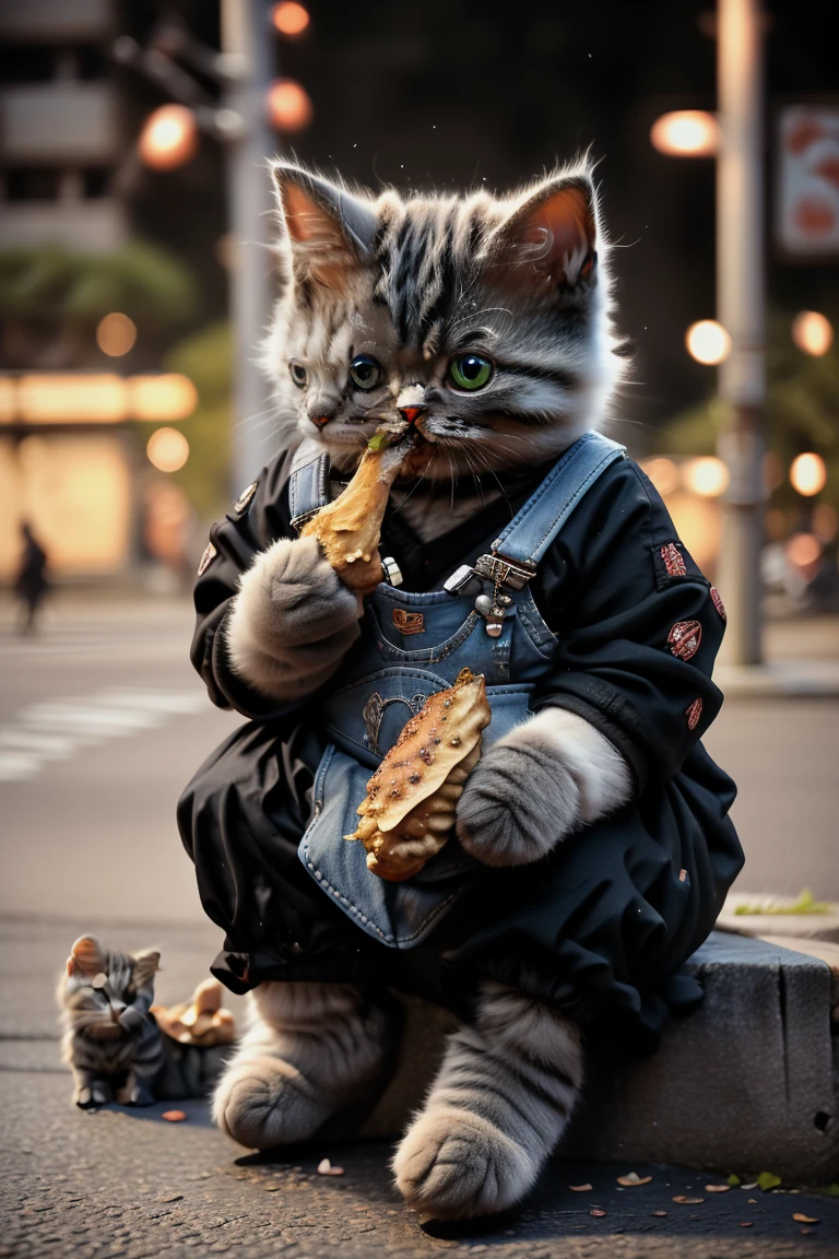 A chubby orange cat，The eyes are big and round，Looks very cute。It is relatively short，Sitting on the roadside，Holding a big fried chicken drumstick in hand，A hand is putting fried chicken leg into mouth。Cats are anthropomorphized，Expression satisfaction，Wearing a small overalls，There is a pair of small shoes on the feet。The background is an ordinary street，There are some street lights and green belts，Adds a breath of life。