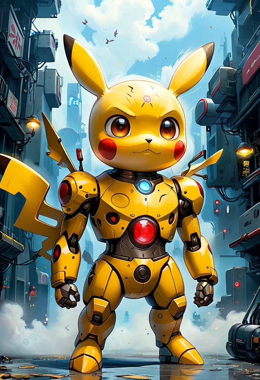 Pokemons (Pikachu),airborne,Professional photography light,Thick mecha style,Gorgeous structural details,