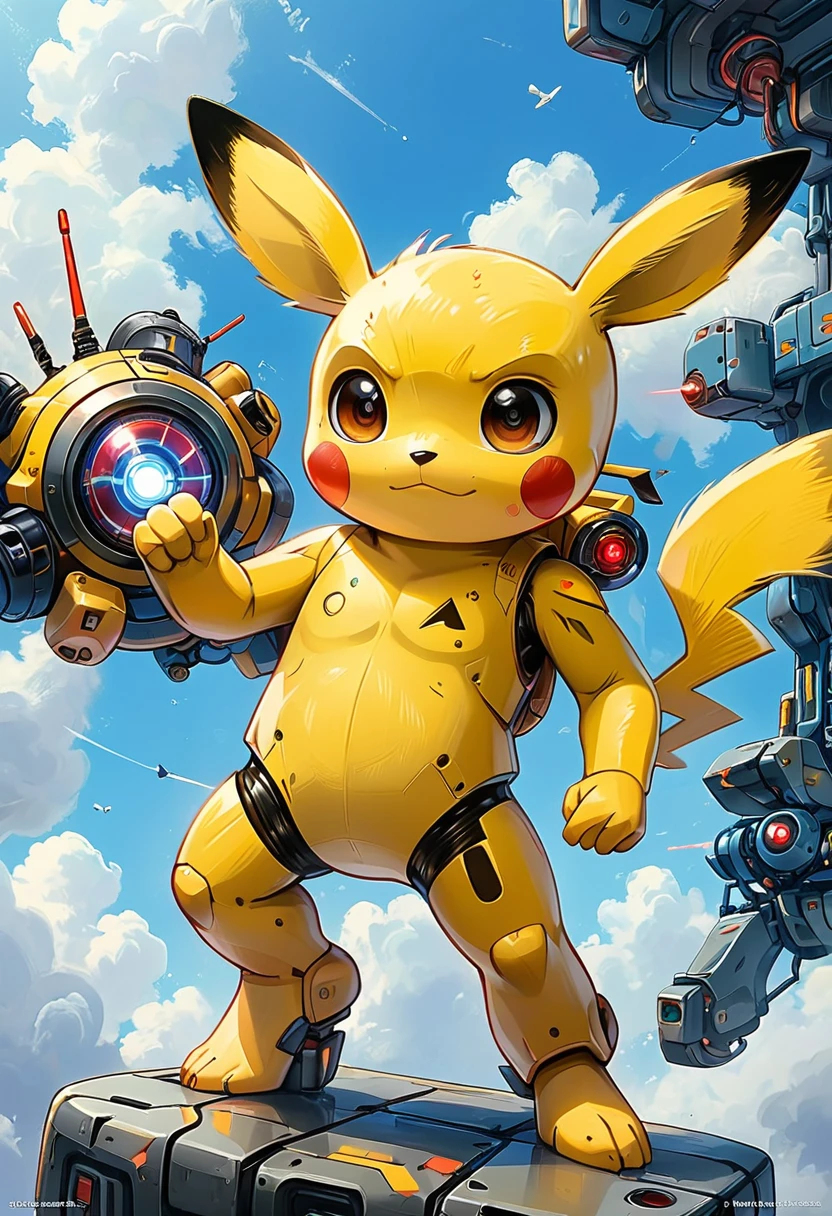 Pokemons (Pikachu),airborne,Professional photography light,Thick mecha style,Gorgeous structural details,
