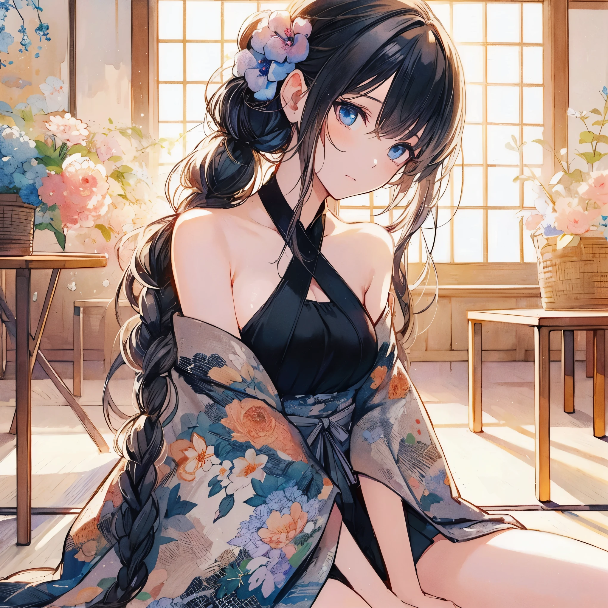 Official art using high-quality hand-drawn watercolor sketch techniques. (best quality,4k,8k,highres,masterpiece:1.2),ultra-detailed,beautiful detailed eyes,A girl with beautiful eyes, everyone, beautiful anime girl, cute anime girl, smooth anime art, anime style, elegant colors, soft lighting, delicate beautiful wet eyes, very coquettish, (beautiful large breast:1.2), (correct hands:1.2),
