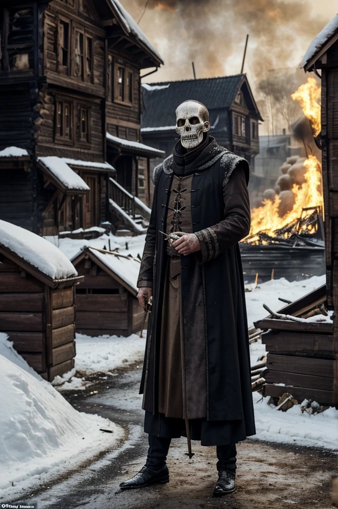 tall thin 50 year old man evil villain, cadaverous face and is in rotten decomposition showing the larvae, showing some of the bones, Wearing medieval clothes, Snow Background, and houses on fire, lots of background fire, realisitic