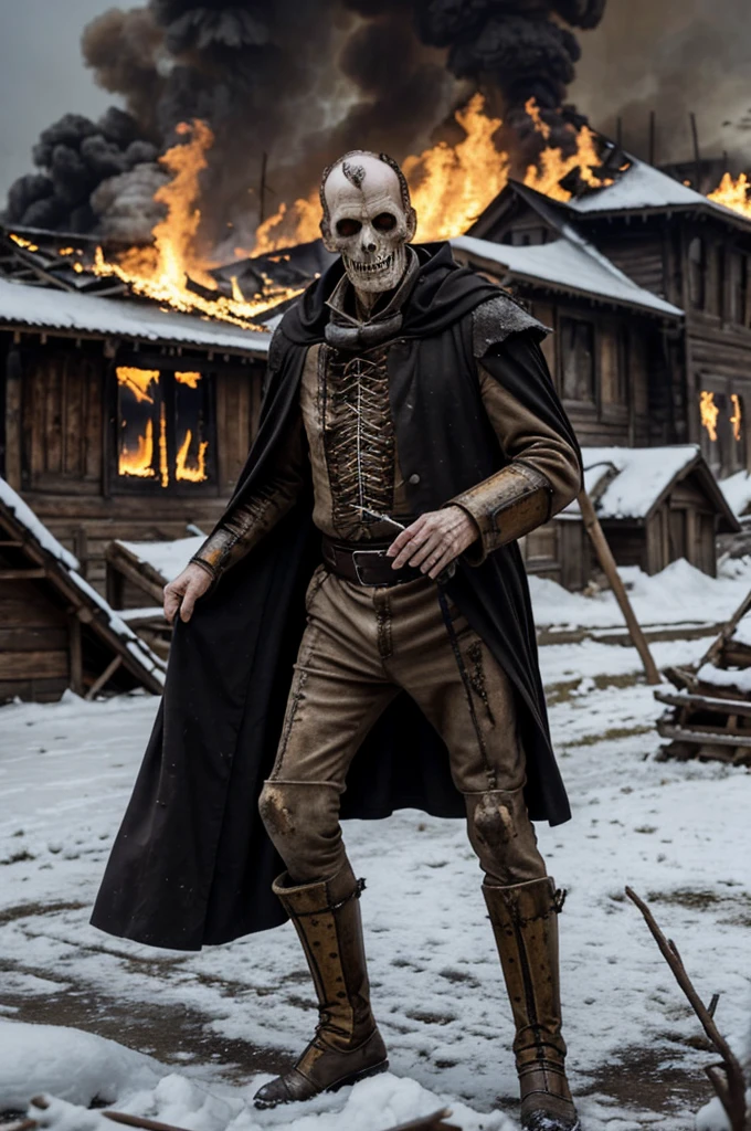 tall thin 50 year old man evil villain, cadaverous face and is in rotten decomposition showing the larvae, showing some of the bones, Wearing medieval clothes, Snow Background, and houses on fire, lots of background fire, realisitic