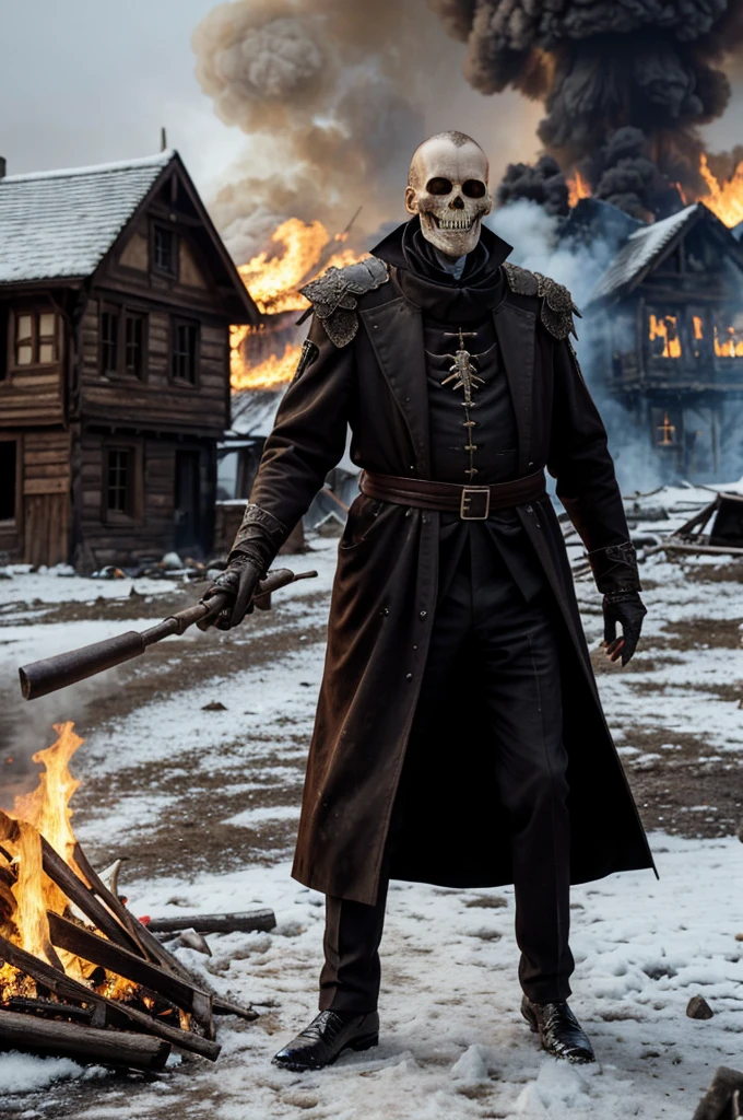 tall thin 50 year old man evil villain, cadaverous face and is in rotten decomposition showing the larvae, showing some of the bones, Wearing medieval clothes, Snow Background, and houses on fire, lots of background fire, realisitic