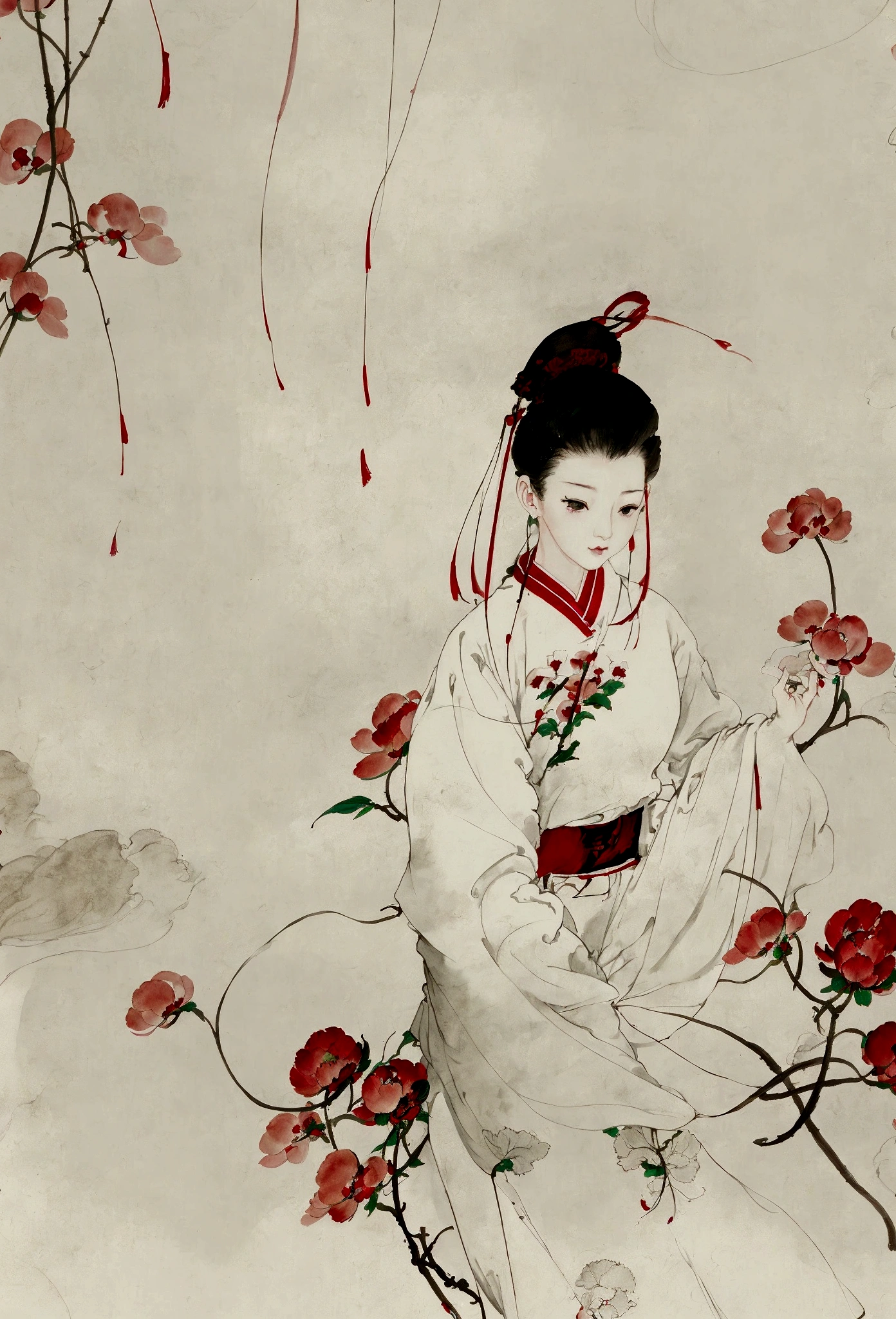 Ink and brushwork style,peony,peony,Red and green color scheme,Simple lines,gorgeous,Chinese Court,Hand Painted,HD details,White background,Painting on rice paper,HD 8k