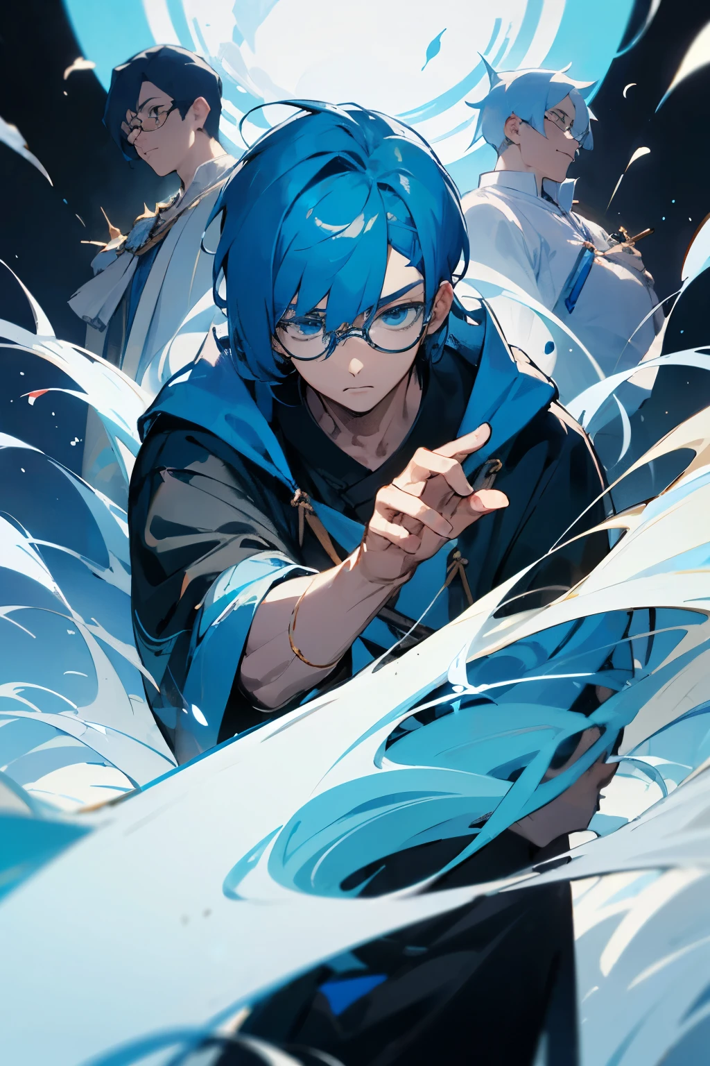 God of wisdom and knowledge、intellectual、Handsome boy、Dark light blue hair with blue slashes、Straight Bob、Light blue eyes、Glasses、Always calm and efficient、hacker
