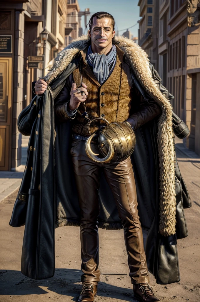 masterpiece, best quality, extremely detailed, hyperrealistic, photorealistic, a cool 40s man, ultra detailed face:1.2, fur-trimmed coat, scarf around the neck, his left hand is a golden pirate hook:1.1, desert, city, arm up, holding bag, sly smile