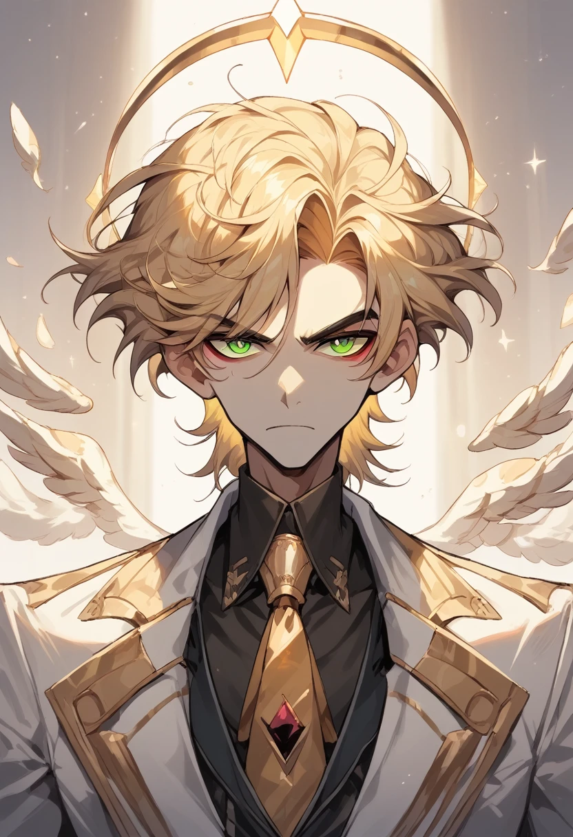 (masterpiece), best quality, expressive eyes, perfect face ,male focus, 1boy, solo, Blonde hair, medium hair, clean hair, tall, angel, heavenly host, Soldier, halo, green eyes, long sleeves, white suit, golden tie, golden shoulders, hazbin hotel