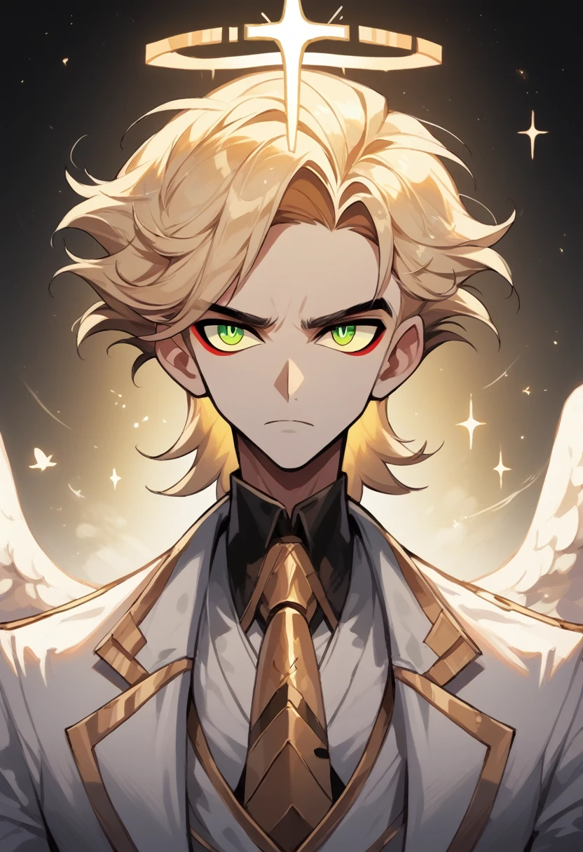 (masterpiece), best quality, expressive eyes, perfect face ,male focus, 1boy, solo, Blonde hair, medium hair, clean hair, tall, angel, heavenly host, Soldier, halo, green eyes, long sleeves, white suit, golden tie, golden shoulders, hazbin hotel