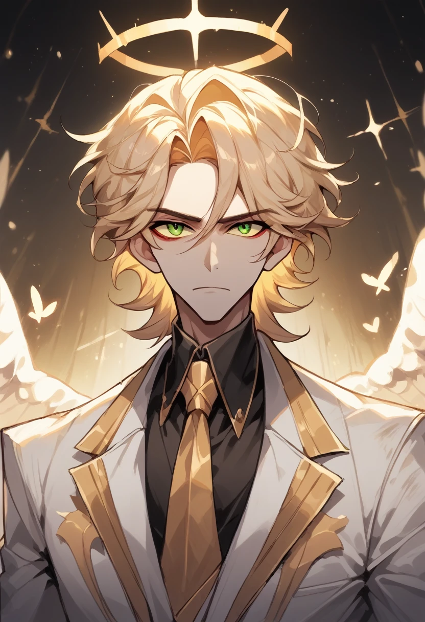 (masterpiece), best quality, expressive eyes, perfect face ,male focus, 1boy, solo, Blonde hair,   medium hair, clean hair,  tall, angel, heavenly host,  Soldier,  halo, green eyes, long sleeves, white suit, golden tie, golden shoulders, hazbin hotel