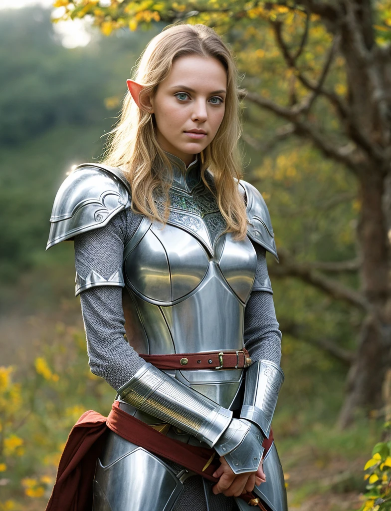 ​masterpiece, a beautiful elf knight (Adriana Malkova:1.0), bright eyes, blond hair, broad shoulders, strong body, Detailed pale skin with light freckles, highly detailed, filigree elven armor, outside, (Skin texture:1.1), best quality, Ultra high resolution, RAW-Foto, Nikon D850, Contre-Jour, rim light, bright sunlight, film grain:1.2, (warm hue, Warmer ton:1.2), (color photo), Fantasy landscape background