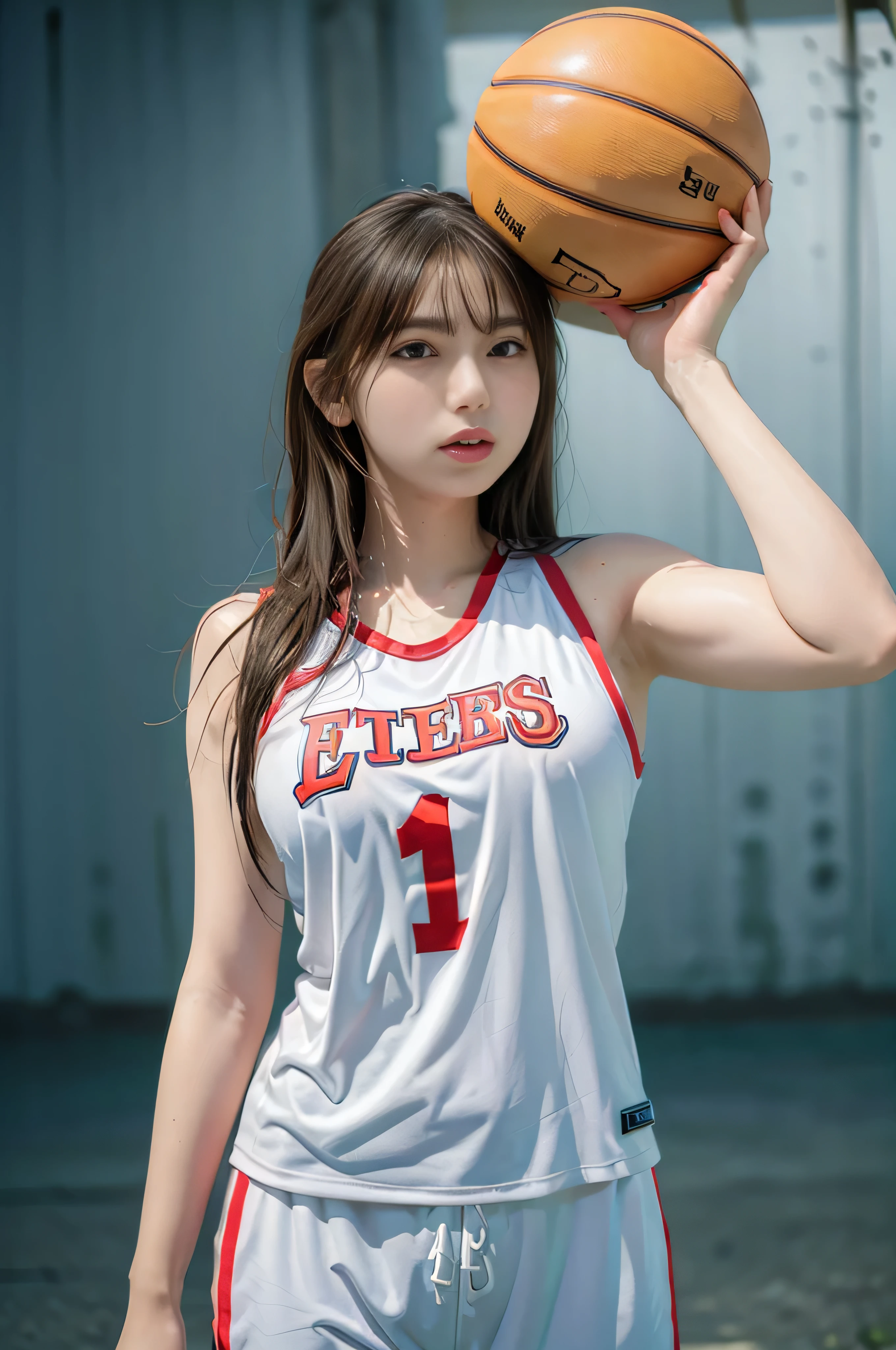 (8K, RAW Photos, Highest quality, Tabletop:1.2), (Realistic, Photorealistic:1.37),1 Girl,beautiful,Powerful, (alone),Detailed face, Elevation,sideboob,
Shoot the ball,Basketball Uniforms ,Sports, avert your eyes,sporty,Wet Skin,Sweat,Large Breasts,Basketball venue