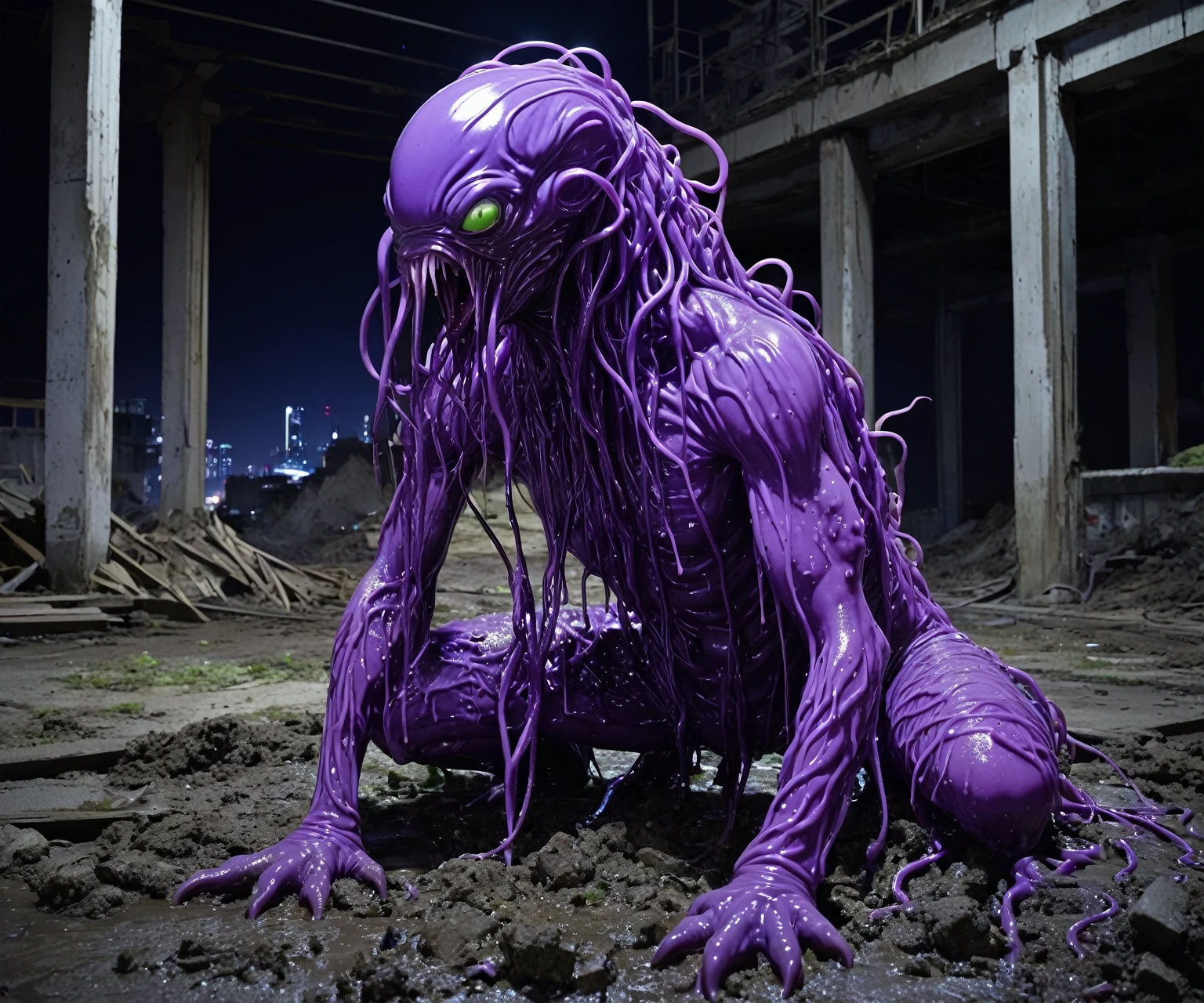 Full figure of a humanoid purple slimy ooze creature, purple ooze and slime, ugly aggressive human face, slimy tendrils from it's head, surreal slimy alien muscle body, fallen on the ground at a abandoned urban construction site at night time