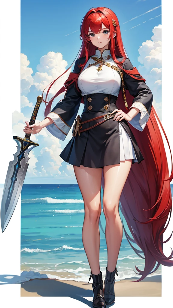 (masterpiece, 4K ,Super detailed:1.2), (anime:1), whole body側面図, jRPG Characters, jRPG Characters art, RPG Characters, View Viewer, Red hair, ((Female Swordsman), (Medieval), whole body, (Perfect quality), Pure white background, Lots of white space, Dark skin, whole bodyが写っている, mini skirt