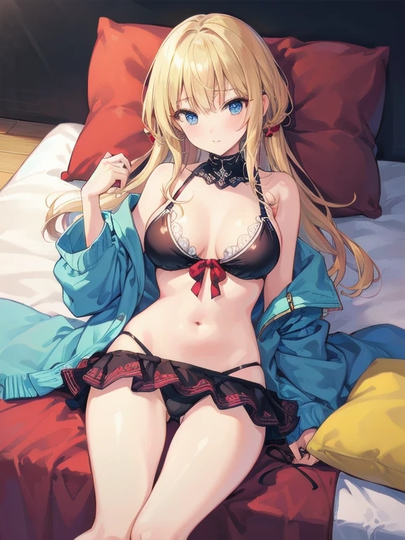 Short skirt, Clothes with intricate details, pattern, Swimwear, Loner, blond, Sexy, Relaxed posture, sleep, long hair, high detail, high quality, 4K.