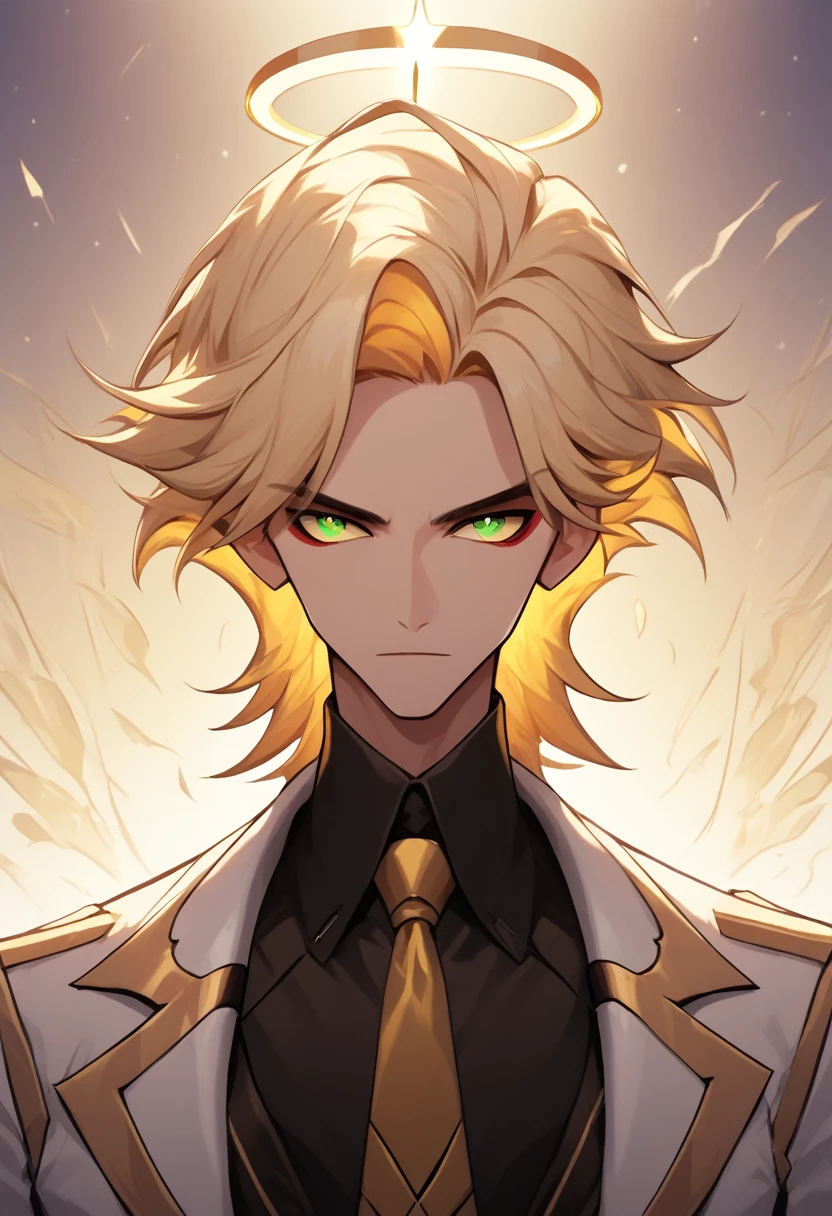 (masterpiece), best quality, expressive eyes, perfect face ,male focus, 1boy, solo, Blonde hair, medium hair, clean hair, tall, angel, heavenly host, Soldier, halo, green eyes, long sleeves, white suit, golden tie, golden shoulders, hazbin hotel