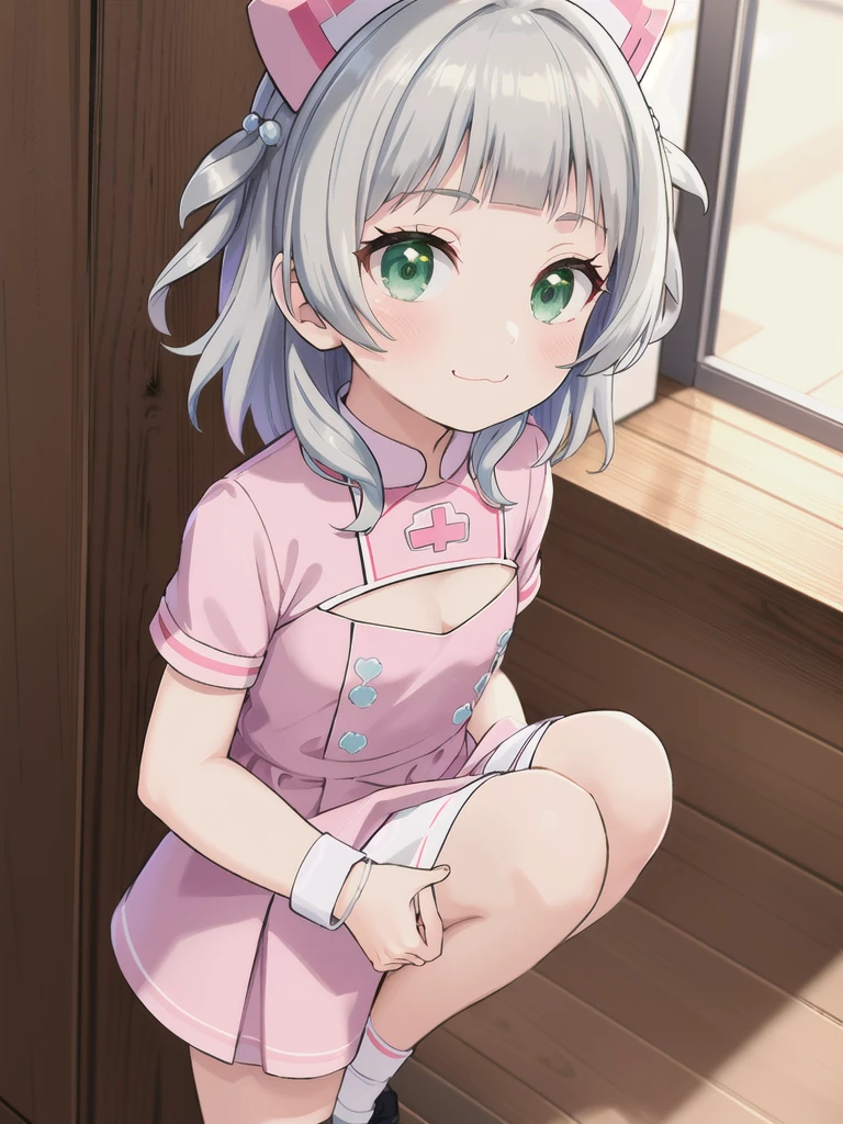 indoor,hospital,hospitalのベッド,Looking down from above,face focus, Green Eyes, Grey Hair, hair ornaments, bangs, Virtual YouTuber, Shine, blunt bangs, Double Bang, Animal ears, Flat Chest,Pink nurse uniform,Nurse hat,blush, (View your viewers),, smile, Are standing,cleavage cutout