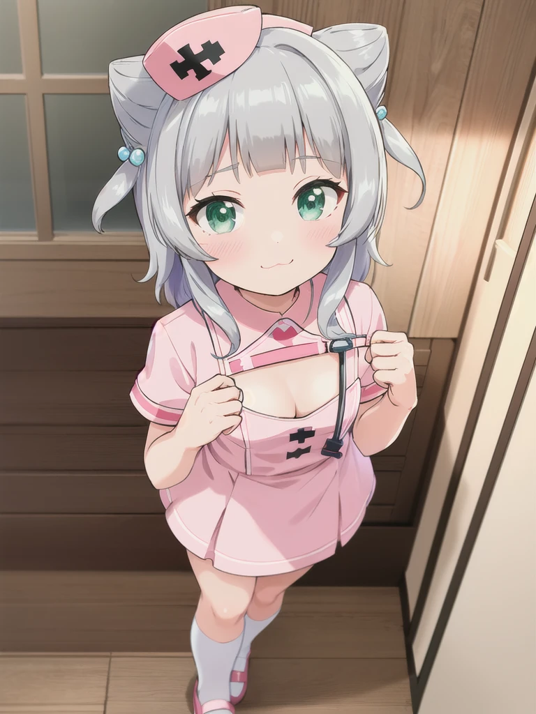 indoor,hospital,hospitalのベッド,Looking down from above,face focus, Green Eyes, Grey Hair, hair ornaments, bangs, Virtual YouTuber, Shine, blunt bangs, Double Bang, Animal ears, Flat Chest,Pink nurse uniform,Nurse hat,blush, (View your viewers),, smile, Are standing,cleavage cutout