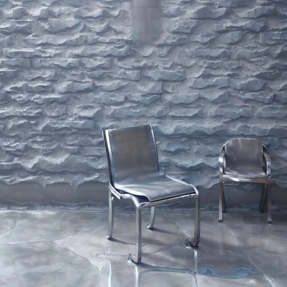 (((((Blue stone wall)))))、(((((Grey concrete floor)))))、(((((A bag on an aluminum chair)))))、(((((The bag is facing straight ahead)))))、(((((Photogenic quality)))))、(((Wide angle of view)))