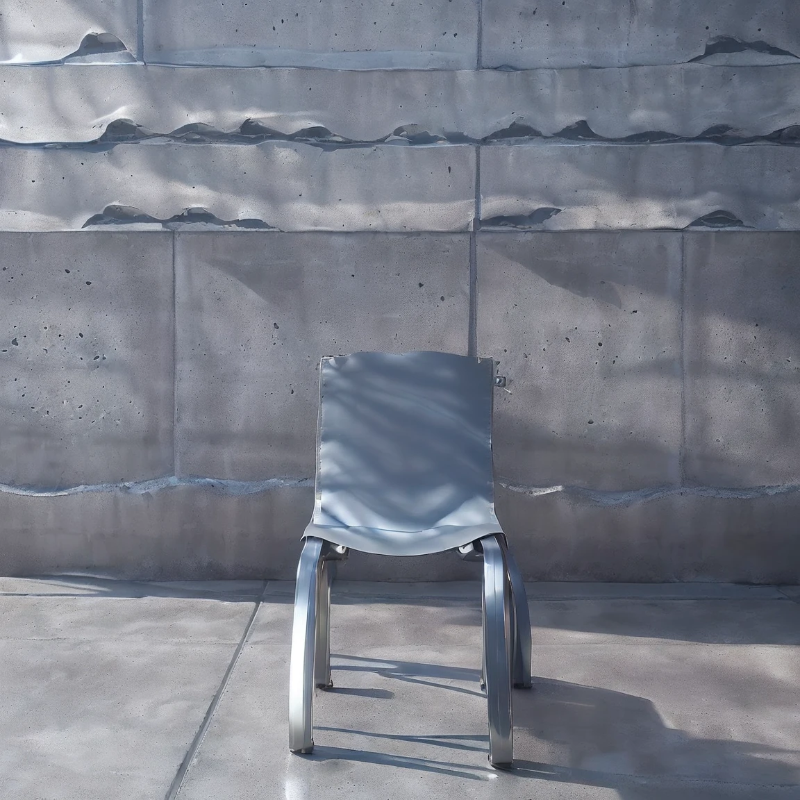 (((((Blue stone wall)))))、(((((Grey concrete floor)))))、(((((A bag on an aluminum chair)))))、(((((The bag is facing straight ahead)))))、(((((Photogenic quality)))))、(((Wide angle of view)))