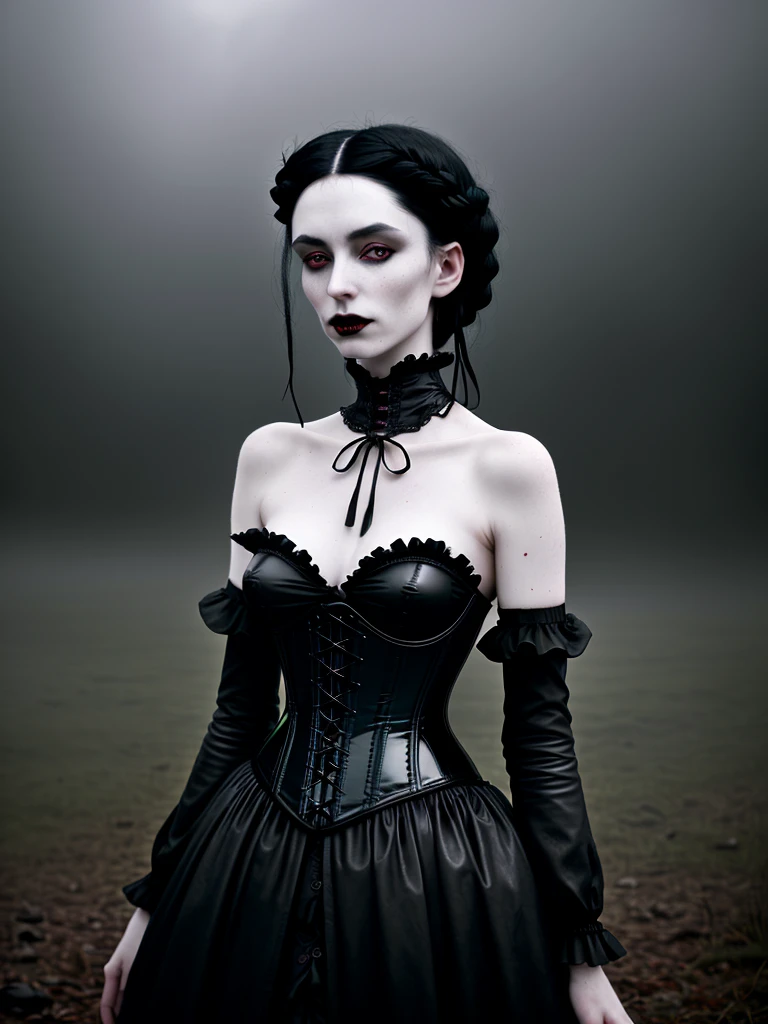 award winning RAW color photo of victorian era vampire cherrynobodysd15+ wearing black dress leather corset, dark foggy village, night ominous dark foreboding, mist, moonrays, vivid alluring eyes, pale skin, (black hair)+, shallow depth of field, high contrast, backlighting, bloom, chromatic aberration, smooth, sharp focus, taken on a mirrorless camera