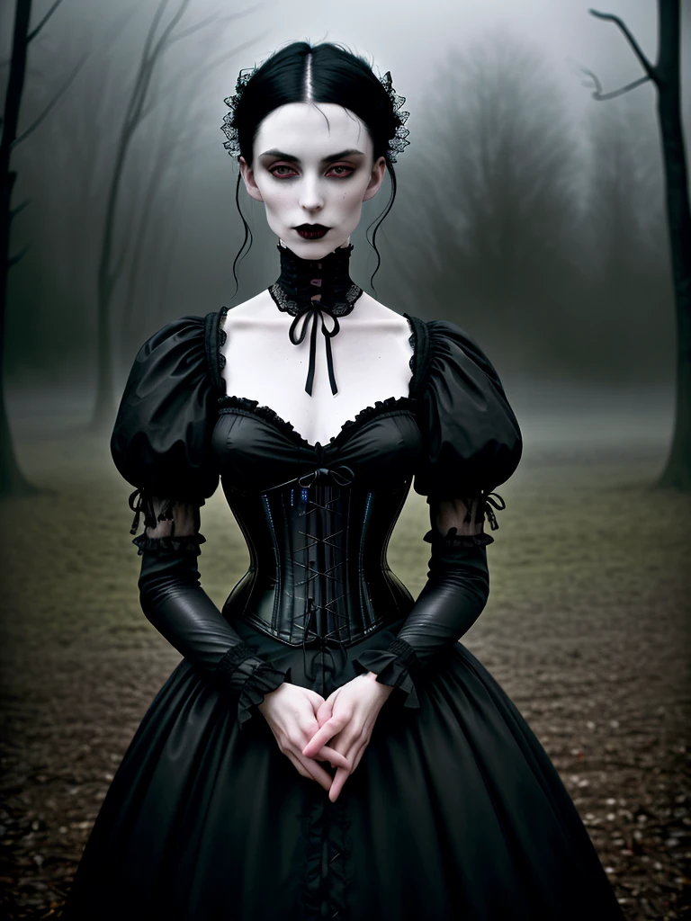 award winning RAW color photo of victorian era vampire cherrynobodysd15+ wearing black dress leather corset, dark foggy village, night ominous dark foreboding, mist, moonrays, vivid alluring eyes, pale skin, (black hair)+, shallow depth of field, high contrast, backlighting, bloom, chromatic aberration, smooth, sharp focus, taken on a mirrorless camera