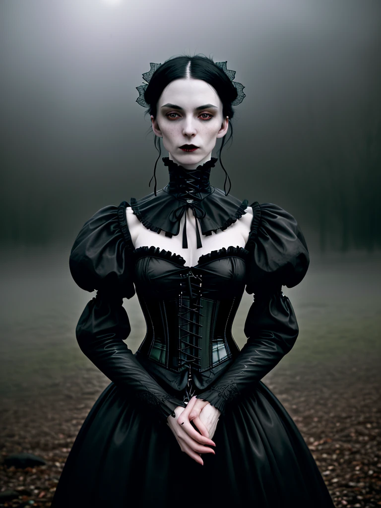 award winning RAW color photo of victorian era vampire cherrynobodysd15+ wearing black dress leather corset, dark foggy village, night ominous dark foreboding, mist, moonrays, vivid alluring eyes, pale skin, (black hair)+, shallow depth of field, high contrast, backlighting, bloom, chromatic aberration, smooth, sharp focus, taken on a mirrorless camera