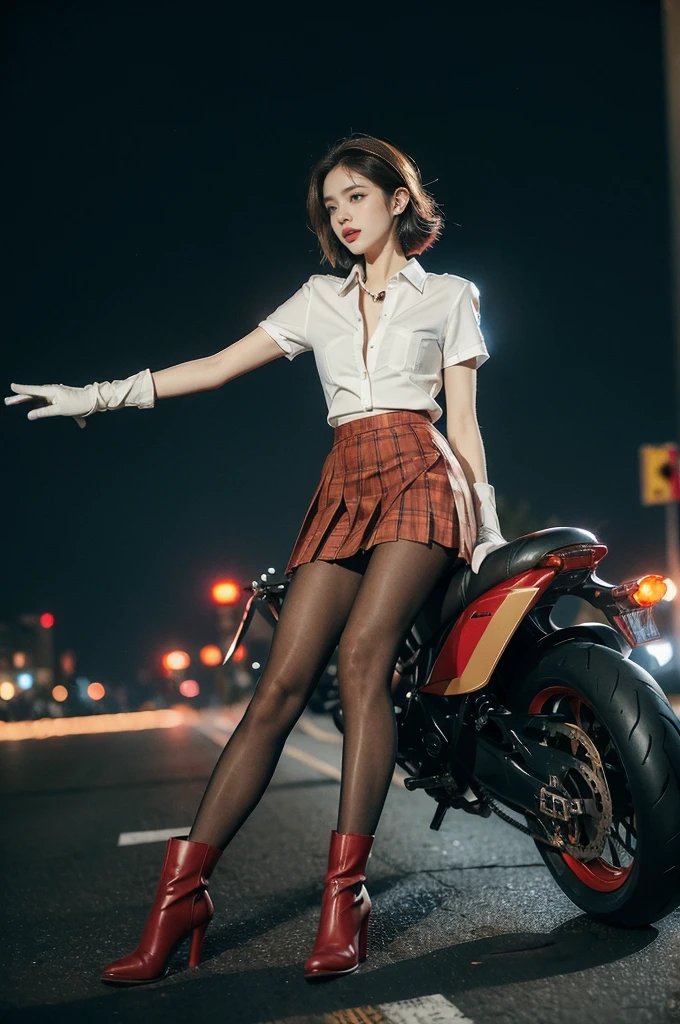 (((best quality))),(((ultra detailed))),(((masterpiece))),illustration,(1 beautiful girl,solo),((slim,thin)),((small breasts,flat chest)),(safety helmet:1.3),shoulder length straight bob hair,slender legs,cyberpunk, urban street,high school student, JK outfit,(riding on a motorcycle:1.3), sleek, (white collared short-sleeved shirt:1.3),(gloves:1.2),(red checkered pleated skirt:1.3),(pantyhose:1.3), stylish boots, confidence, determination, dark streets,neon lights, skyscrapers, urban noises, traffic, sirens, city sounds, futuristic, dystopian society, technology, fashion, explosive cocktail, style, , modernity, attitude, spirit, anything is possible,from front