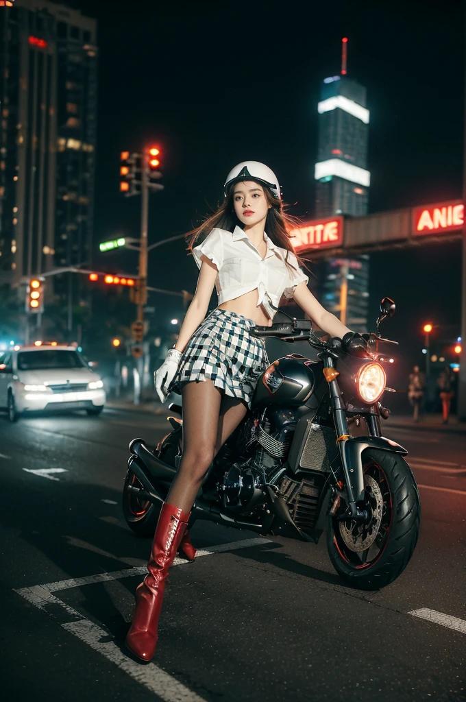 (((best quality))),(((ultra detailed))),(((masterpiece))),illustration,(1 beautiful girl,solo),((slim,thin)),((small breasts,flat chest)),(safety helmet:1.3),shoulder length straight bob hair,slender legs,cyberpunk, urban street,high school student, JK outfit,(riding on a motorcycle:1.3), sleek, (white collared short-sleeved shirt:1.3),(gloves:1.2),(red checkered pleated skirt:1.3),(pantyhose:1.3), stylish boots, confidence, determination, dark streets,neon lights, skyscrapers, urban noises, traffic, sirens, city sounds, futuristic, dystopian society, technology, fashion, explosive cocktail, style, , modernity, attitude, spirit, anything is possible,from front