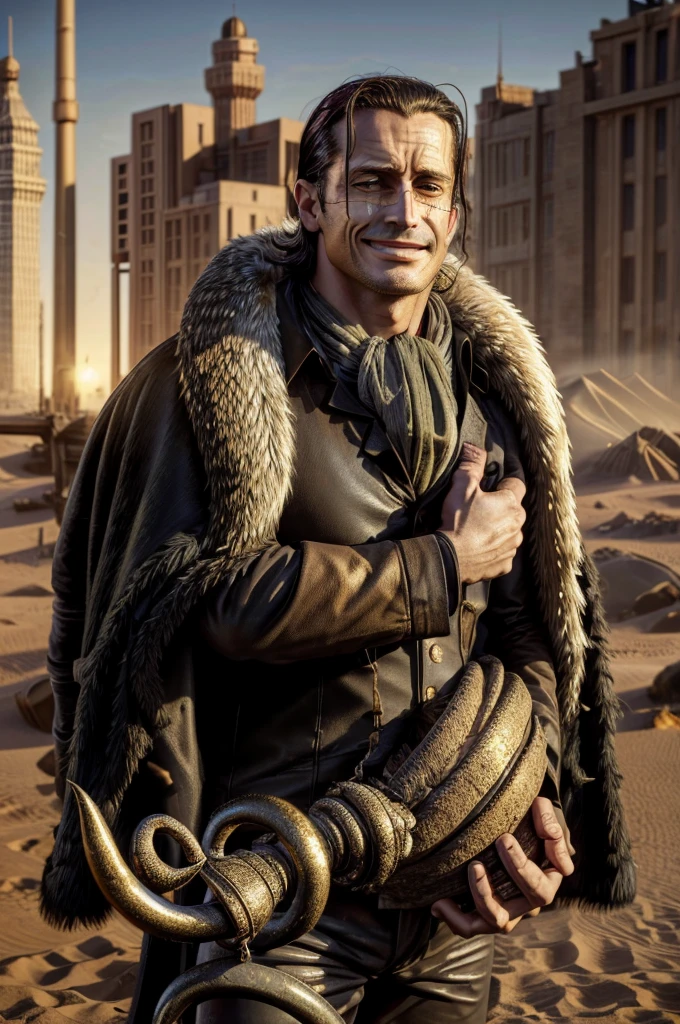 masterpiece, best quality, extremely detailed, hyperrealistic, photorealistic, a cool 40s man, ultra detailed face:1.2, fur-trimmed coat, scarf around the neck, his left hand is a golden pirate hook:1.1, desert, city, arm up, holding sack, sly smile