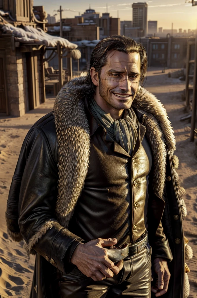 masterpiece, best quality, extremely detailed, hyperrealistic, photorealistic, a cool 40s man, ultra detailed face:1.2, fur-trimmed coat, scarf around the neck, his left hand is a golden pirate hook:1.1, desert, city, arm up, holding sack, sly smile