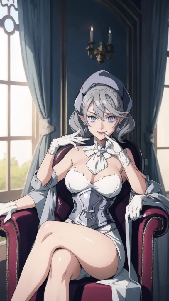  Outside castle top  High level image quality　best image quality　8K　 adult woman   silver castle outside  more colors   whole body view　portrait　   　female hat    ears  earrings　short hair（（shortcut）（gray hair）（perm）（fluffy））　eye color is blue ,  , 　attractive evil face , smile   ,  sexy pose   ,  labrynth ,  barearm , gloves   , wearing white   , sitting on chair , crossed legs, view foot arc   , view side