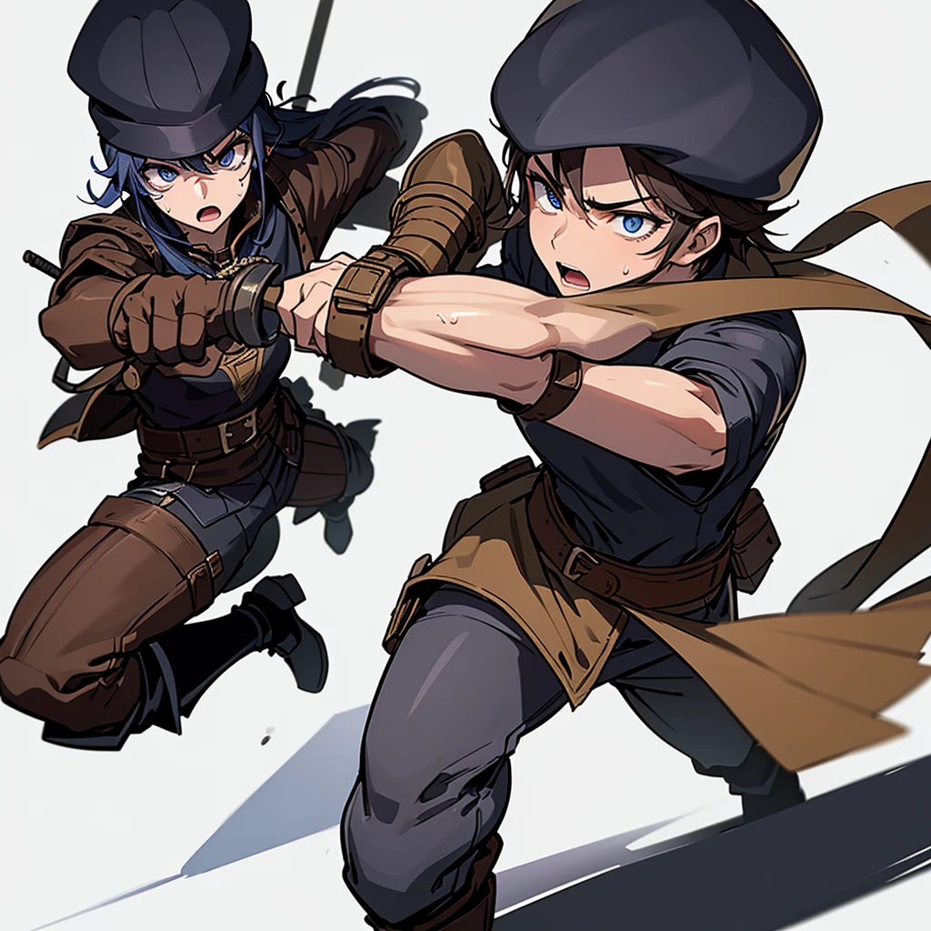((Full body character concept, Detailed character design))、Highest quality, Best Quality,Best illustrations、(((Skin Cap))),Medieval bandits、(((20-year-old male)))、Dramatic Angle、(battle)、battlefield、Movement angle、Grab the sword、wasteland、(Fighting stance)、Run、(((White background)))、(20 people、multiple)、early、(get annoyed、Open your mouth、Sweat)、From above、